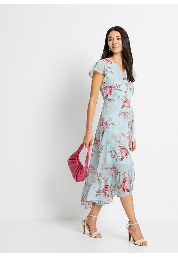 bonprix - Sukienka szyfonowa z falbankami. Typ kołnierza: kołnierz z falbankami. Kolor: niebieski. Materiał: szyfon