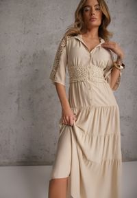Renee - Beżowa Boho Sukienka z Wiskozą o Rozkloszowanym Kroju z Ażurowymi Wstawkami Idacea. Okazja: na co dzień. Kolor: beżowy. Materiał: wiskoza. Wzór: ażurowy. Typ sukienki: proste. Styl: boho #8