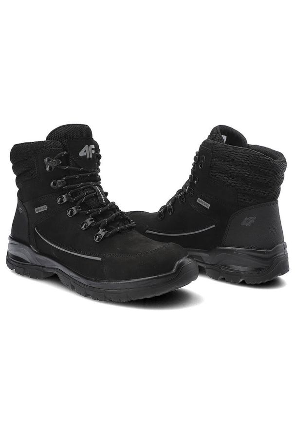 4f - Trekkingi unisex 4F, skóra naturalna nubuk z tekstylnymi wstawkami sznurowanie z metalowymi haczykami oraz gruba amortyzowana podeszwa, czarne, H4Z21. Zapięcie: sznurówki. Kolor: czarny. Materiał: skóra, nubuk, materiał. Szerokość cholewki: normalna. Sezon: zima. Obcas: na obcasie. Styl: sportowy. Wysokość obcasa: niski