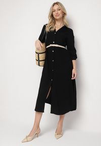 Born2be - Czarna Koszulowa Sukienka z Lnem i Wiskozą z Regulowanymi Rękawami Melvezia. Okazja: na co dzień. Kolor: czarny. Materiał: len, wiskoza. Typ sukienki: koszulowe. Styl: casual #1