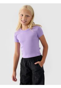 4f - 4F T-shirt gładki dziewczęcy - fioletowy 146 (10-11 lat). Okazja: na co dzień. Kolor: fioletowy. Materiał: dzianina, materiał, bawełna. Długość rękawa: krótki rękaw. Długość: krótkie. Wzór: gładki. Sezon: lato. Styl: klasyczny, sportowy, casual