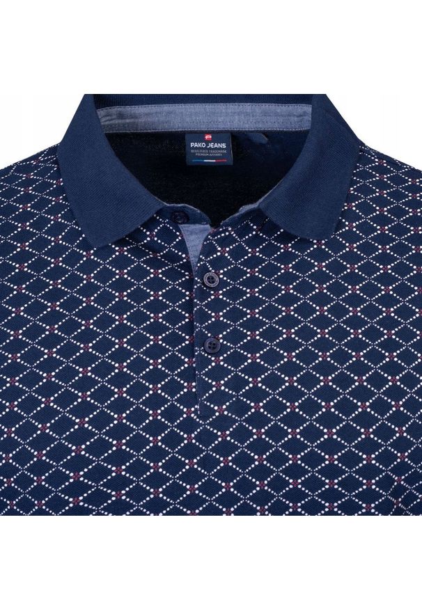 Koszulka Polo - Męska - Pako Jeans - Granatowa, Drobny Wzór. Okazja: na co dzień. Typ kołnierza: polo. Kolor: niebieski. Materiał: bawełna. Styl: casual