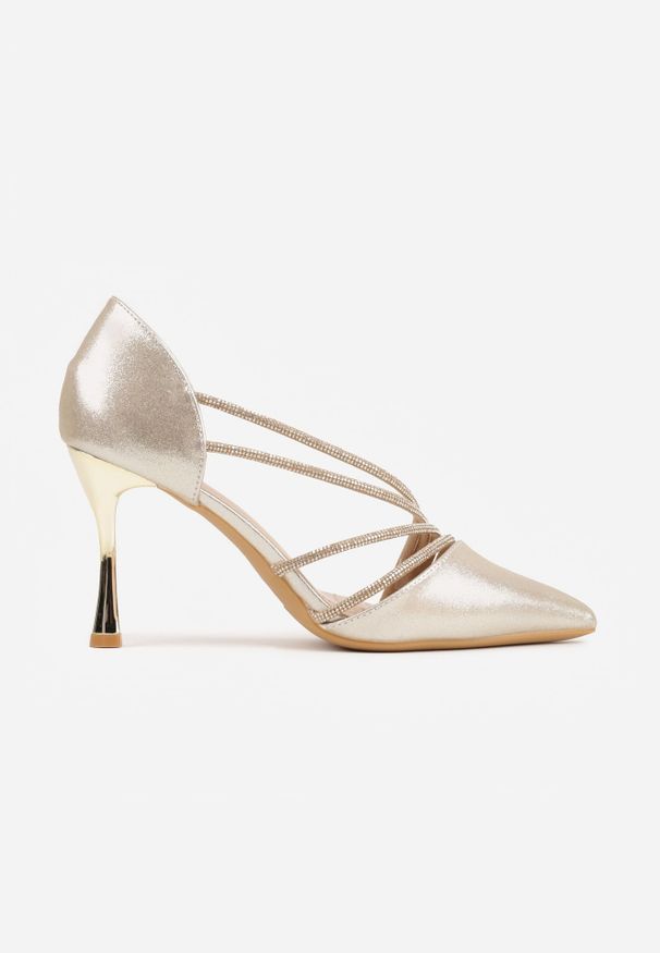 Renee - Złote Szpilki VICES z Ozdobnymi Paseczkami z Cyrkoniami w Eleganckim Stylu Jaenlith. Kolor: złoty. Materiał: satyna. Obcas: na szpilce. Styl: elegancki