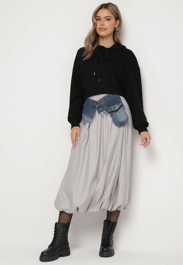 Born2be - Szara Spódnica Bombka z Jeansową Wstawką i Kieszeniami Ansaella. Kolor: szary. Materiał: jeans. Styl: elegancki