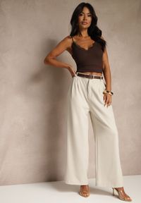 Renee - Jasnobeżowe Spodnie o Szerokim Kroju High Waist Dolarenna. Okazja: na co dzień. Stan: podwyższony. Kolor: beżowy. Styl: elegancki, casual #3