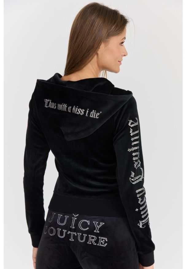 Juicy Couture - JUICY COUTURE Czarna damska bluza Sacred Heart Robertson Hoodie. Kolor: czarny. Materiał: materiał, elastan, poliester. Długość rękawa: długi rękaw. Długość: długie. Styl: elegancki