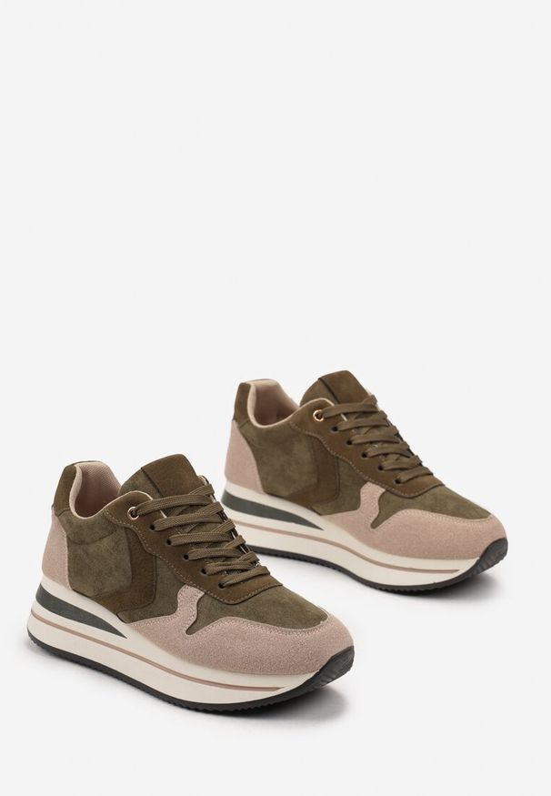 Born2be - Zielone Sneakersy na Grubej Podeszwie Lureta. Kolor: zielony, beżowy. Materiał: jeans