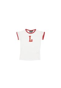 LEONE 1947 APPAREL - Dziewczęcy T-shirt z krótkim rękawem i uczelnią „L”.. Kolor: biały. Długość rękawa: krótki rękaw. Długość: krótkie. Sport: joga i pilates