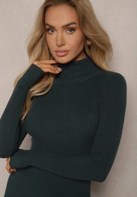 Renee - Ciemnozielona Prążkowana Sukienka o Dopasowanym Kroju z Golfem Linarielle. Okazja: na spotkanie biznesowe, na co dzień. Typ kołnierza: golf. Kolor: zielony. Materiał: prążkowany. Długość rękawa: długi rękaw. Typ sukienki: dopasowane. Styl: casual, biznesowy #5