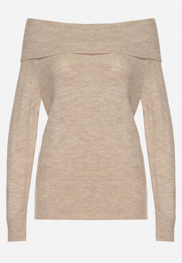 Born2be - Beżowy Sweter z Wywiniętym Dekoltem Parira. Kolor: beżowy. Długość rękawa: długi rękaw. Długość: długie. Wzór: bez wzorów, aplikacja. Styl: elegancki