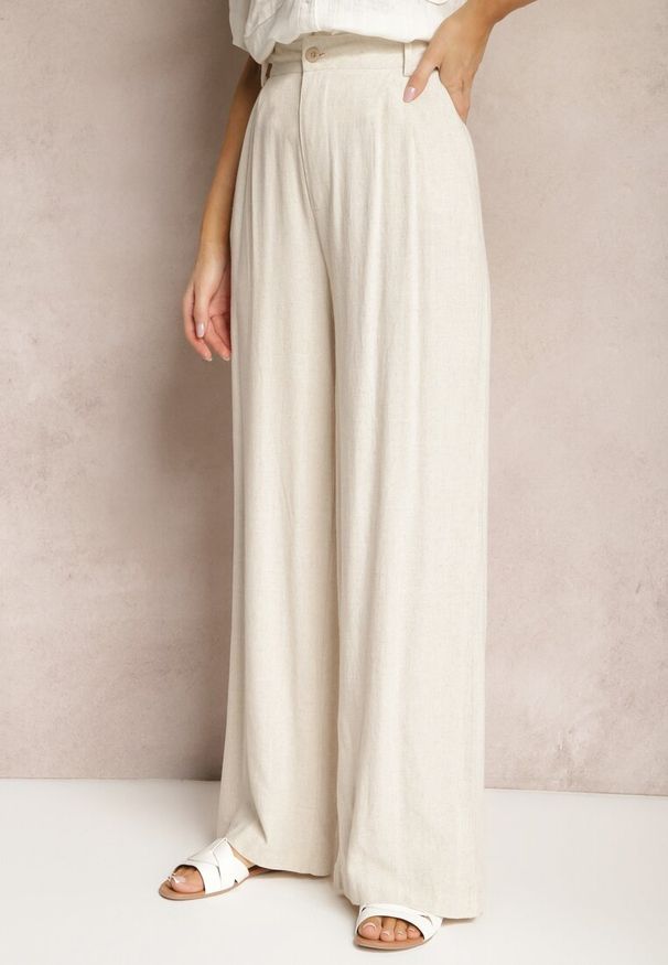 Renee - Beżowe Szerokie Spodnie High Waist z Lnu i Wiskozy Apoises. Okazja: na co dzień. Stan: podwyższony. Kolor: beżowy. Materiał: wiskoza, len. Długość: długie. Sezon: lato. Styl: casual, elegancki
