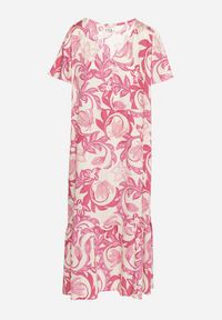 Born2be - Różowa Pudełkowa Sukienka z Wiskozy w Kwiaty z Dekoltem w Serek Inisara. Okazja: na co dzień. Typ kołnierza: dekolt w serek. Kolor: różowy. Materiał: wiskoza. Długość rękawa: krótki rękaw. Wzór: kwiaty. Styl: klasyczny, casual, elegancki #6