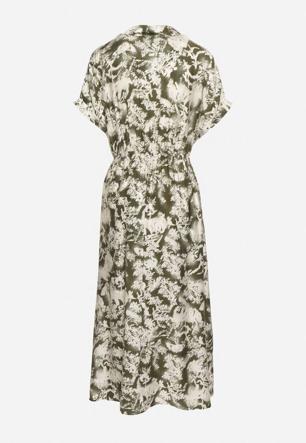 Born2be - Zielono-Beżowa Taliowana Sukienka z Gumką w Pasie Zapinana na Guziki Nasica. Okazja: na co dzień. Kolor: zielony. Materiał: materiał, wiskoza, jeans. Długość rękawa: krótki rękaw. Typ sukienki: proste. Styl: klasyczny, casual, elegancki