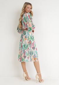 Born2be - Zielona Plisowana Sukienka Midi z Paskiem Hyacida. Kolor: zielony. Styl: elegancki. Długość: midi #4