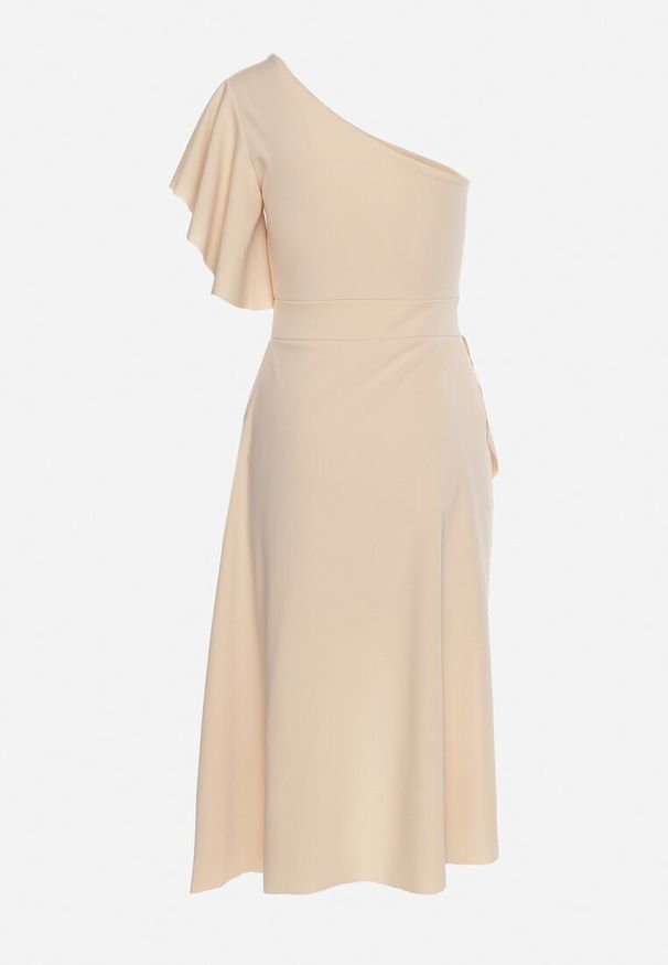 Born2be - Beżowa Koktajlowa Sukienka Asymetryczna na Jedno Ramię z Falbankami Vimilora. Typ kołnierza: kołnierz z falbankami. Kolor: beżowy. Materiał: materiał. Typ sukienki: asymetryczne. Styl: wizytowy