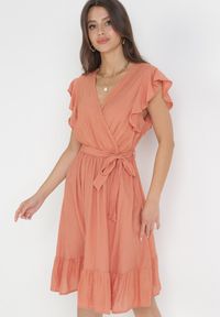 Born2be - Pomarańczowa Rozkloszowana Sukienka z Gumką w Pasie Pabelin. Kolor: pomarańczowy. Materiał: materiał. Typ sukienki: kopertowe #5