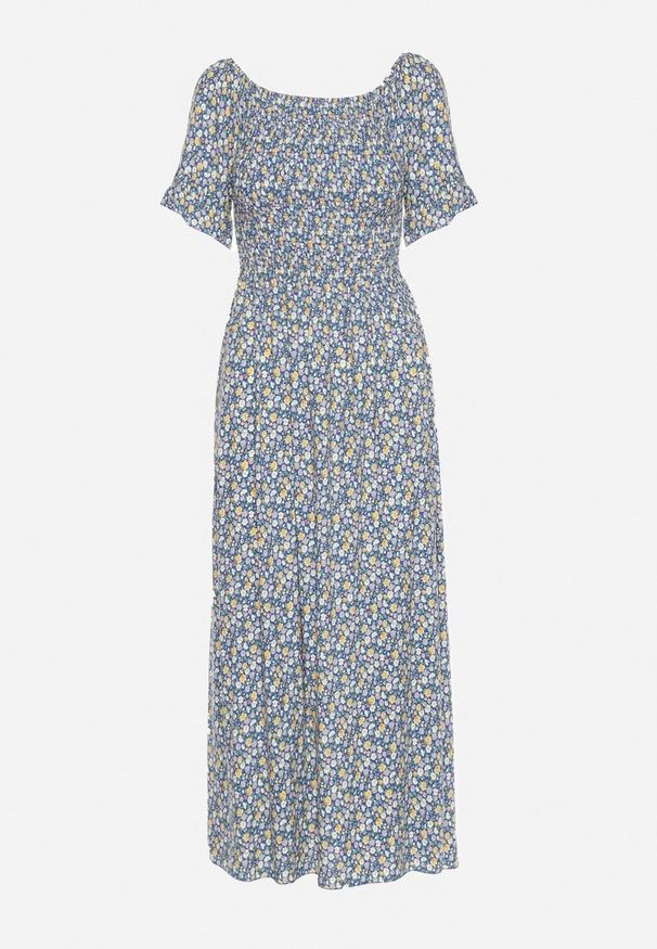 Born2be - Niebieska Bawełniana Sukienka w Kwiatki z Hiszpańskim Elastycznym Dekoltem Bleriama. Okazja: na co dzień, na randkę. Kolor: niebieski. Materiał: bawełna. Długość rękawa: krótki rękaw. Wzór: kwiaty. Styl: casual, elegancki