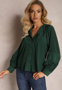 Renee - Ciemnozielona Koszula z Koronką i Szerokim Rękawem Versina. Kolor: zielony. Materiał: koronka. Wzór: koronka #5