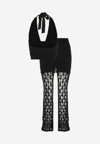 Renee - Czarny Komplet z Koronki Top Halter i Spodnie Zdobione Wszytą Spódnicą Celanix. Kolor: czarny. Materiał: koronka. Wzór: aplikacja, koronka #5