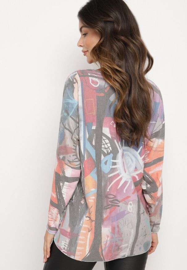 Born2be - Pomarańczowo-Różowa Bluzka w Abstrakcyjny Print z Metaliczną Nicią Kortalia. Okazja: na co dzień. Kolor: pomarańczowy. Materiał: jeans. Wzór: nadruk. Styl: casual