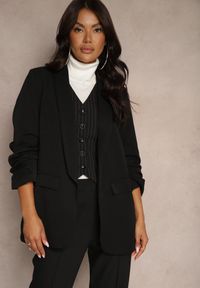 Renee - Czarna Marynarka Pudełkowa o Dłuższym Kroju z Ozdobnymi Rękawami 3/4 Lessandra. Kolekcja: plus size. Kolor: czarny. Długość: długie. Styl: elegancki