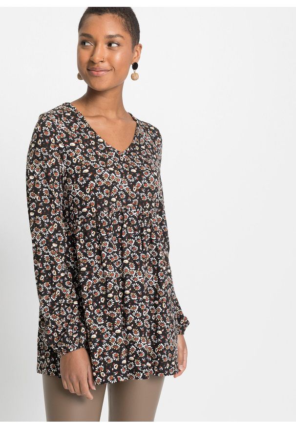 bonprix - Bluzka shirtowa ze zrównoważonej wiskozy. Typ kołnierza: dekolt w serek. Kolor: czarny. Materiał: wiskoza. Długość rękawa: długi rękaw. Długość: długie. Wzór: kwiaty