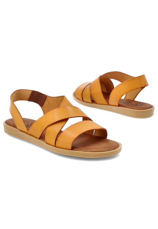 Hee - Sandały damskie HEE, na platformie ze skóry naturalnej wsuwane z gumką, pomarańczowe, 25366. Okazja: na spacer, na co dzień. Zapięcie: bez zapięcia. Kolor: pomarańczowy. Materiał: skóra. Wzór: paski. Sezon: lato. Obcas: na platformie. Styl: casual, wakacyjny