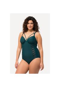 ULLA POPKEN - Damski Kostium kąpielowy dekolt typu halter miękkie miseczki fiszbiny. Kolekcja: plus size. Kolor: zielony. Materiał: elastan, poliamid, materiał