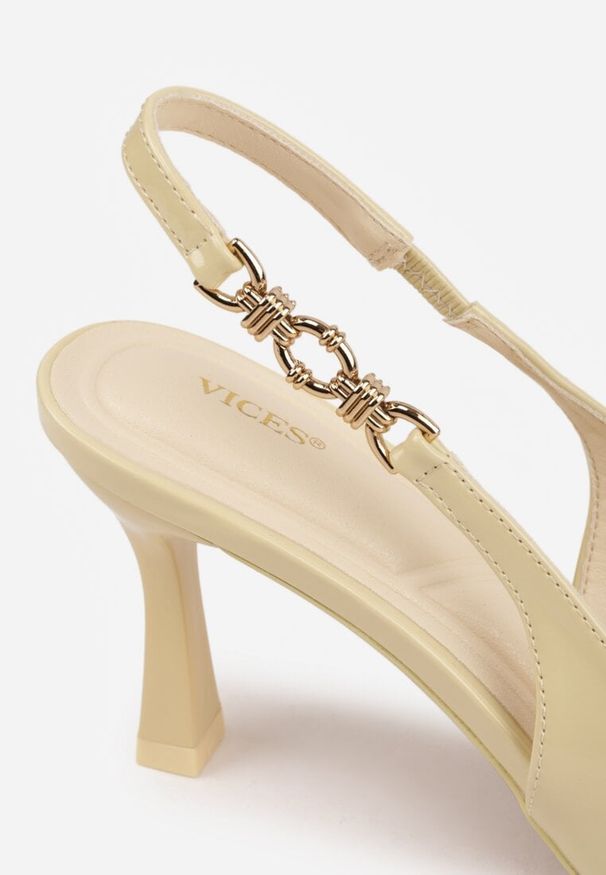 Renee - Żółte Eleganckie Szpilki Slingback VICES z Ozdobną Aplikacją przy Pasku Natera. Zapięcie: pasek. Kolor: żółty. Wzór: aplikacja. Obcas: na szpilce. Styl: elegancki. Wysokość obcasa: średni