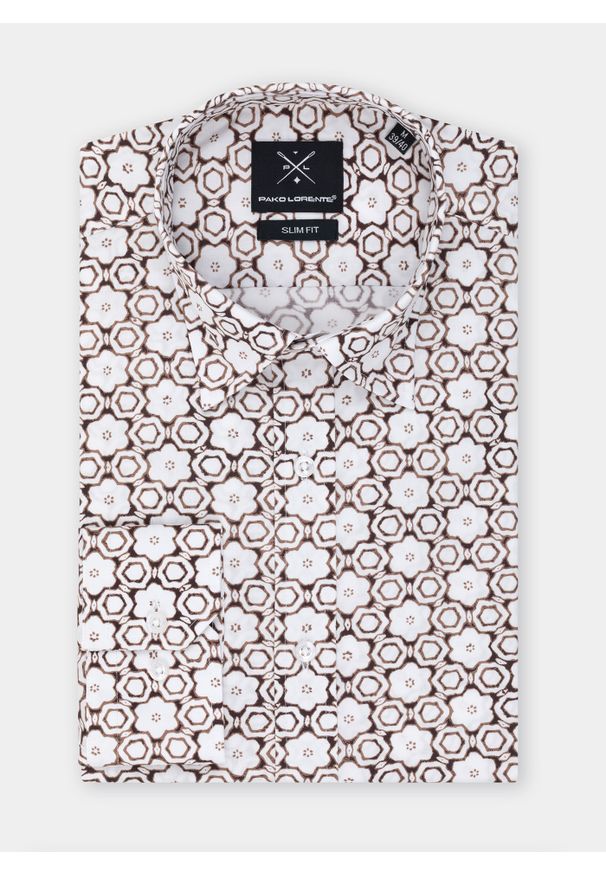 Pako Lorente - PAKO LORENTE – Koszula męska w brązowy wzór P22SF-1X-004-A-S. Typ kołnierza: kołnierzyk klasyczny. Kolor: brązowy. Materiał: elastan, bawełna. Długość rękawa: długi rękaw. Długość: długie. Styl: klasyczny