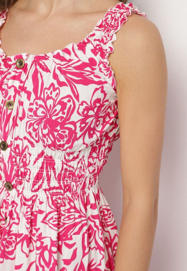 Born2be - Ciemnoróżowa Bawełniana Sukienka Rozkloszowana Ozdobiona Guzikami Lisavena. Okazja: na co dzień. Kolor: różowy. Materiał: bawełna. Wzór: aplikacja. Typ sukienki: rozkloszowane. Styl: casual, elegancki