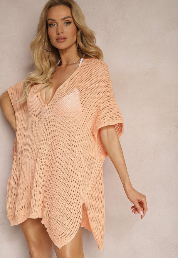 Renee - Pomarańczowa Bluzka Narzutka Oversize o Długim Kroju z Dekoltem w Serek Cota. Typ kołnierza: dekolt w serek. Kolor: pomarańczowy. Długość: długie