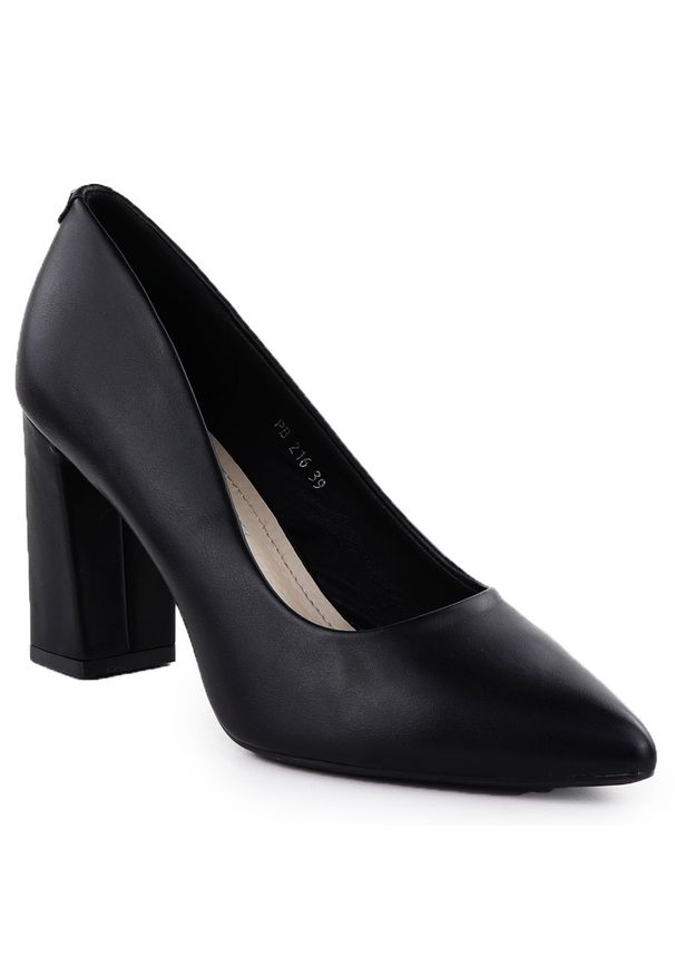 Czółenka czarne na słupku w szpic czarne Sergio Leone PB216. Kolor: czarny. Materiał: skóra ekologiczna. Szerokość cholewki: normalna. Obcas: na słupku