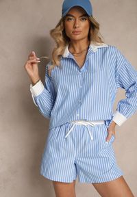 Renee - Niebieskie Szorty High Waist Ozdobione Sznurkami i Paskami Kinthea. Okazja: na co dzień. Stan: podwyższony. Kolor: niebieski. Wzór: aplikacja. Sezon: lato. Styl: sportowy, casual