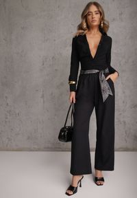 Renee - Granatowe Bawełniano-Wiskozowe Spodnie Wide Leg z Paskiem Typu Apaszka Arlethia. Kolor: niebieski. Materiał: wiskoza, bawełna. Styl: elegancki #7