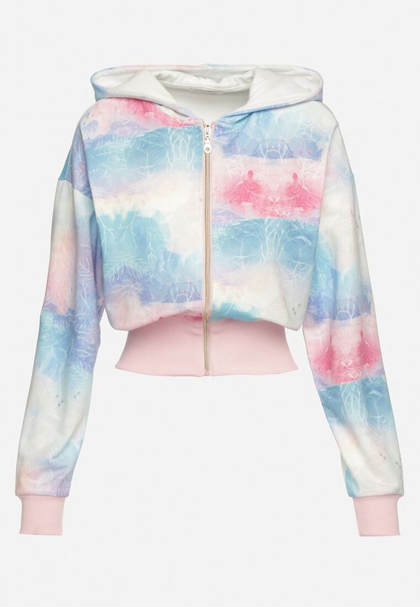 Born2be - Różowo-Niebieska Bluza z Kapturem Szerokim Ściągaczem i Wzorem Tie-Dye Alreica. Typ kołnierza: kaptur. Kolor: różowy. Materiał: jeans. Długość: krótkie. Wzór: aplikacja, kolorowy