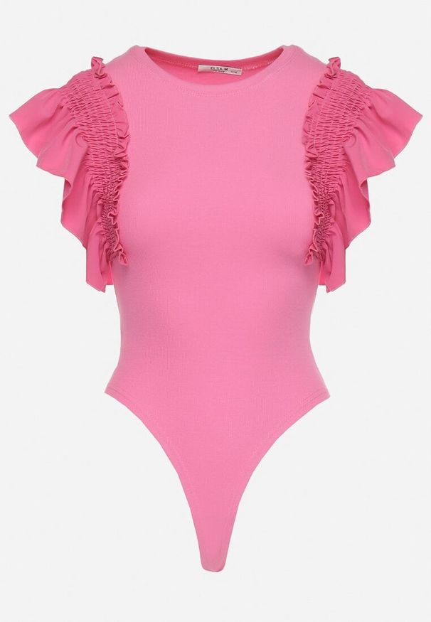 Born2be - Fuksjowe Bawełniane Body z Rękawami z Falbanek Zapinane na Napy Gilines. Okazja: na co dzień. Typ kołnierza: kołnierz z falbankami. Kolor: różowy. Materiał: bawełna. Długość rękawa: krótki rękaw. Długość: krótkie. Styl: elegancki, casual