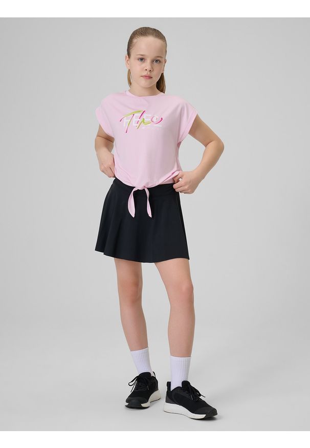 4f - 4F Spódniczka sportowa szybkoschnąca dziewczęca - czarna 158/164 (12-14 lat). Okazja: na co dzień. Kolor: czarny. Materiał: materiał, syntetyk, dzianina, włókno, skóra. Sezon: lato. Styl: sportowy