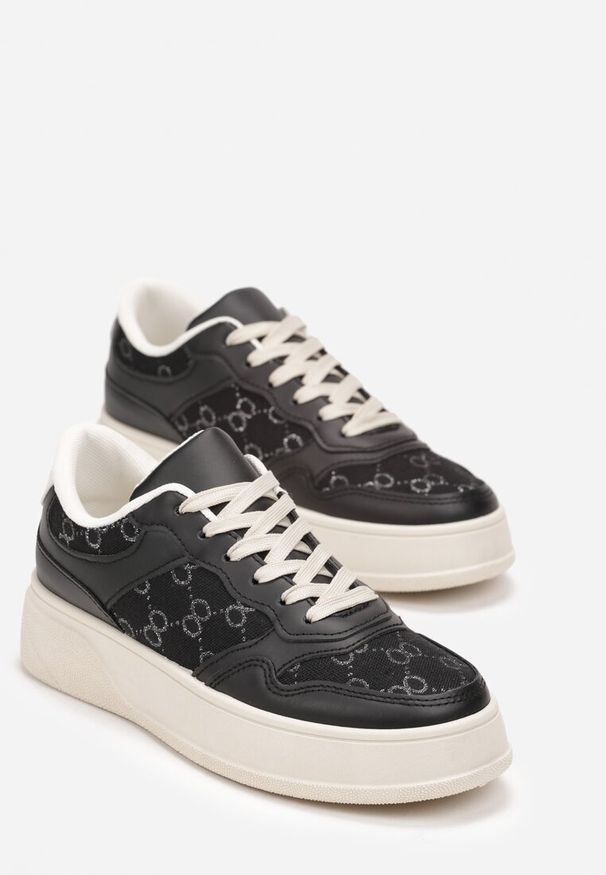 Born2be - Czarne Sneakersy na Grubej Podeszwie z Nadrukiem Damaleta. Kolor: czarny. Wzór: nadruk