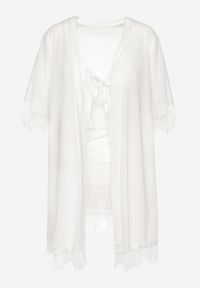 Renee - Biały Komplet Piżamowy z Siateczki Koszula Nocna Szlafrok Stringi Liamara. Kolor: biały. Materiał: tkanina