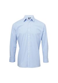 PREMIER - Męska Koszula Z Długim Rękawem Gingham Micro Checked. Kolor: biały, wielokolorowy, niebieski. Długość rękawa: długi rękaw. Długość: długie