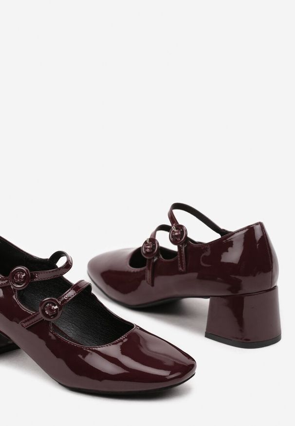 Renee - Bordowe Lakierowane Czółenka na Obcasie Typu Słupek z Paseczkami i Klamerkami Cresona. Kolor: czerwony. Materiał: lakier. Obcas: na obcasie. Styl: elegancki. Wysokość obcasa: średni