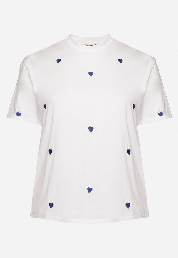 Born2be - Biało-Niebieski Bawełniany T-shirt Zdobiony Haftem w Kształcie Serc Naloree. Okazja: na co dzień. Kolekcja: plus size. Kolor: biały. Materiał: bawełna. Wzór: aplikacja, haft. Styl: klasyczny, elegancki, casual