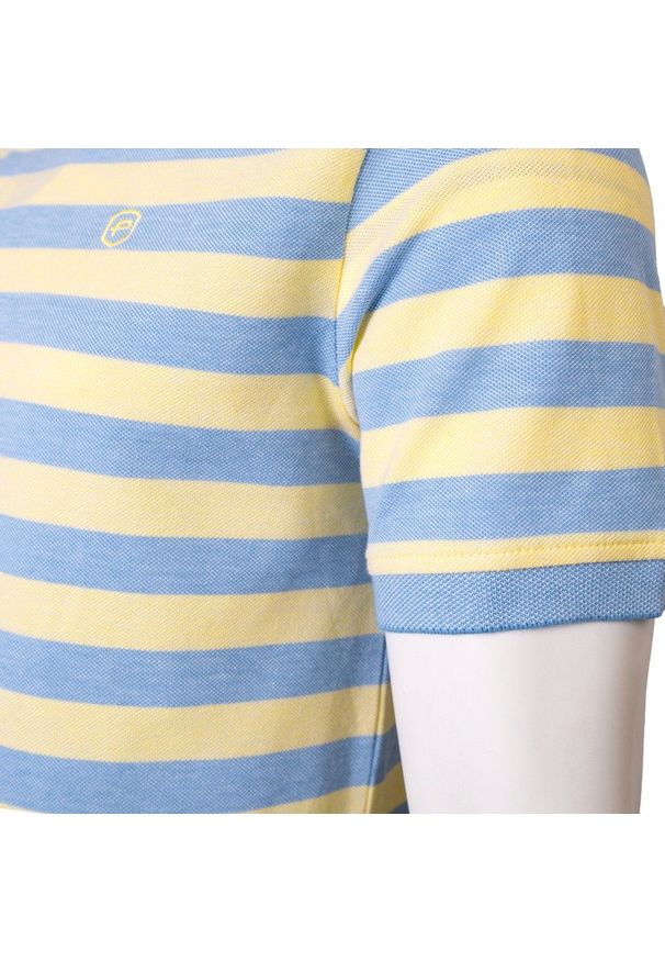 Bawełniana, Męska Koszulka Polo - Pako Jeans - Żółte Pasy. Okazja: na co dzień. Typ kołnierza: polo. Kolor: żółty, złoty, wielokolorowy. Materiał: bawełna. Wzór: prążki, paski. Styl: casual