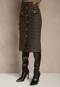 Renee - Czarno-Beżowa Tweedowa Spódnica Ołówkowa w Kratę z Guzikami Aretusa. Okazja: na spotkanie biznesowe. Stan: podwyższony. Kolor: czarny. Styl: biznesowy #5