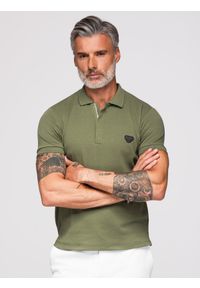 Ombre Clothing - Męska koszulka polo z dekoltem na zamek - oliwkowa V5 - Rozmiar: XXL. Okazja: na co dzień. Typ kołnierza: polo. Kolor: oliwkowy. Materiał: bawełna, elastan, dzianina. Styl: elegancki, casual, sportowy