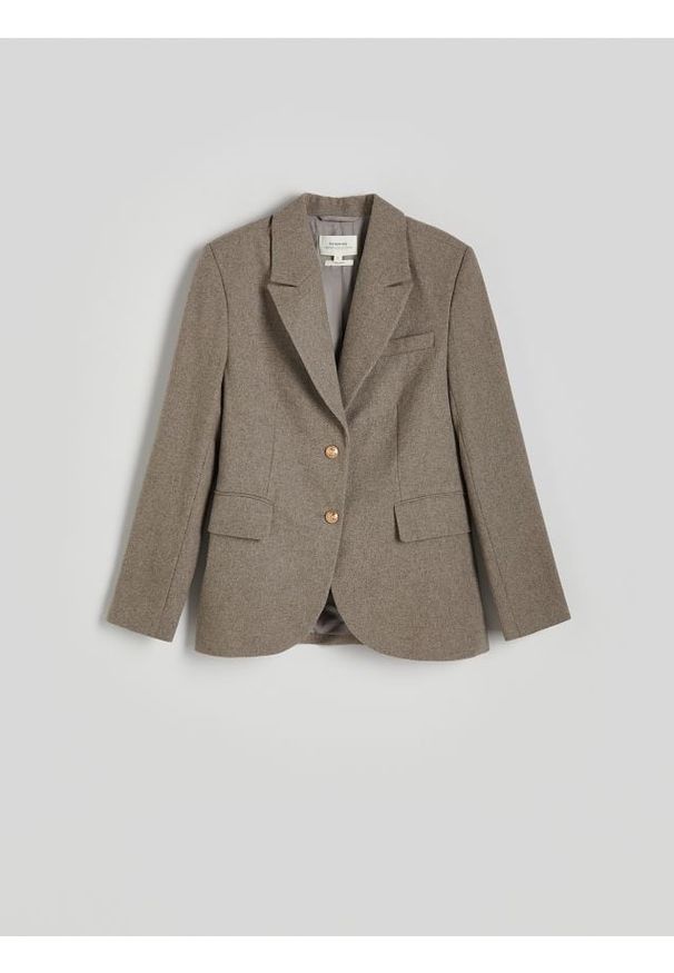 Reserved - Jednorzędowa marynarka z wełną - beżowy. Kolor: beżowy. Materiał: wełna