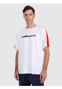 4f - 4F T-shirt oversize z nadrukiem męski - biały L. Okazja: na co dzień. Kolor: biały. Materiał: materiał, bawełna. Wzór: nadruk. Styl: casual