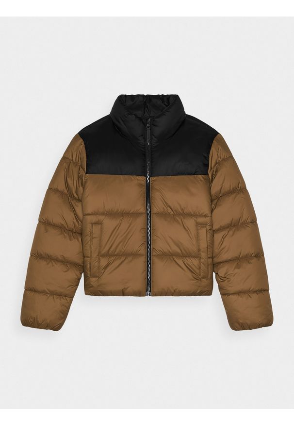 4f - 4F Kurtka puchowa z wypełnieniem syntetycznym chłopięca - brązowa 152 (11-12 lat). Okazja: na co dzień. Typ kołnierza: kołnierzyk stójkowy. Kolor: brązowy. Materiał: puch, syntetyk. Długość: długie. Wzór: gładki. Sezon: lato. Styl: casual, sportowy, klasyczny