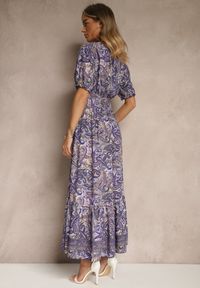 Renee - Fioletowa Rozkloszowana Sukienka z Bawełny Zdobiona Wzorem Paisley Folitea. Typ kołnierza: dekolt w serek. Kolor: fioletowy. Materiał: bawełna. Wzór: paisley, aplikacja. Sezon: wiosna